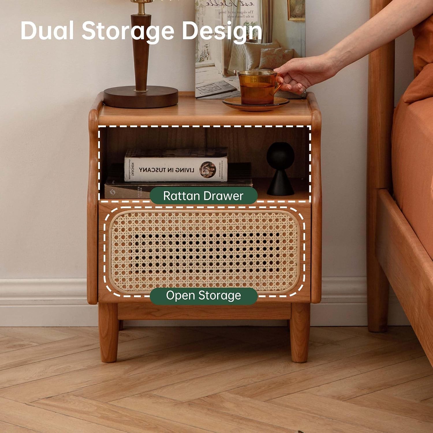 Oak, Cherry Solid Wood Rattan Nightstand