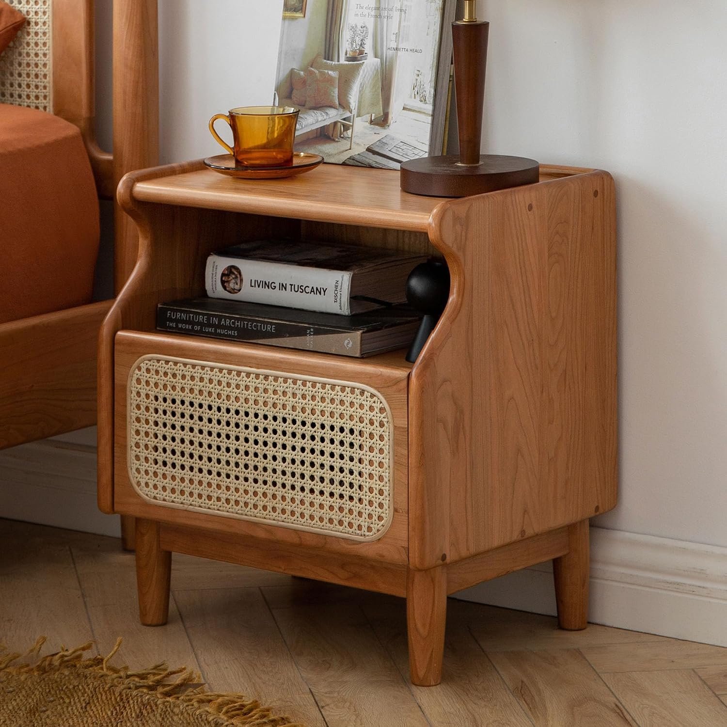 Oak, Cherry Solid Wood Rattan Nightstand