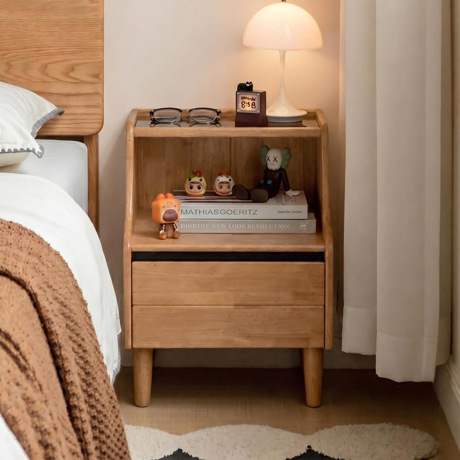 Oak Solid Wood, Solid RubberWood Nightstand with Glass Door with Storage