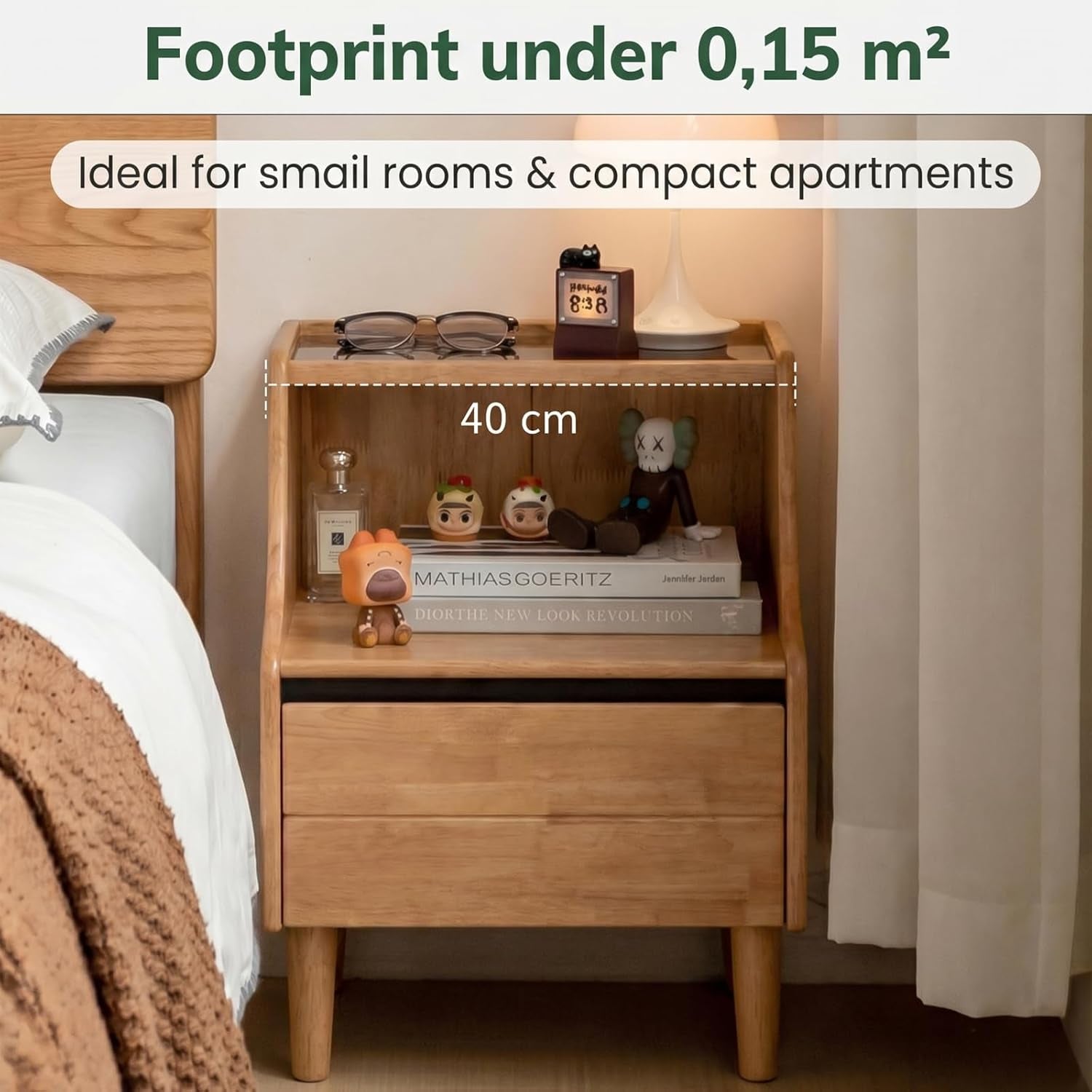 Oak Solid Wood, Solid RubberWood Nightstand with Glass Door with Storage