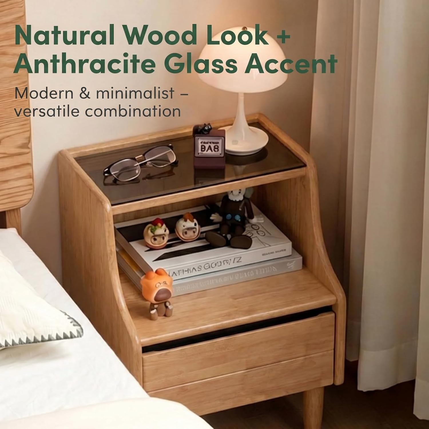 Oak Solid Wood, Solid RubberWood Nightstand with Glass Door with Storage