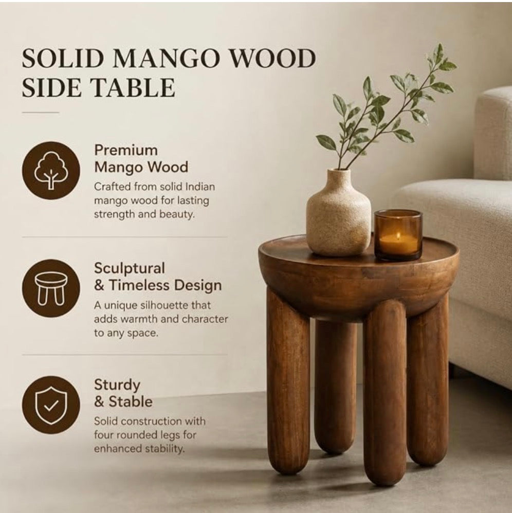Mango Solid Wood Sculptural Side Table with Carved Legs