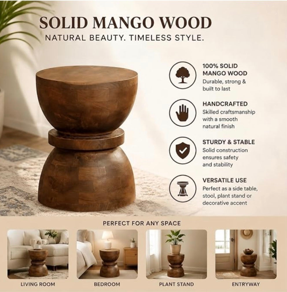 Mango Solid Wood Sculptural Side Table with Carved Legs