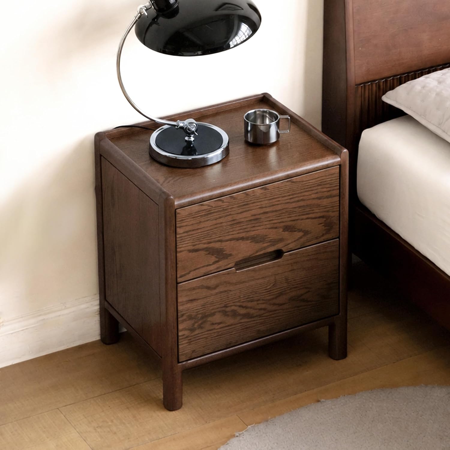 Oak Solid Wood 2-Drawer Nightstand with Recessed Handles