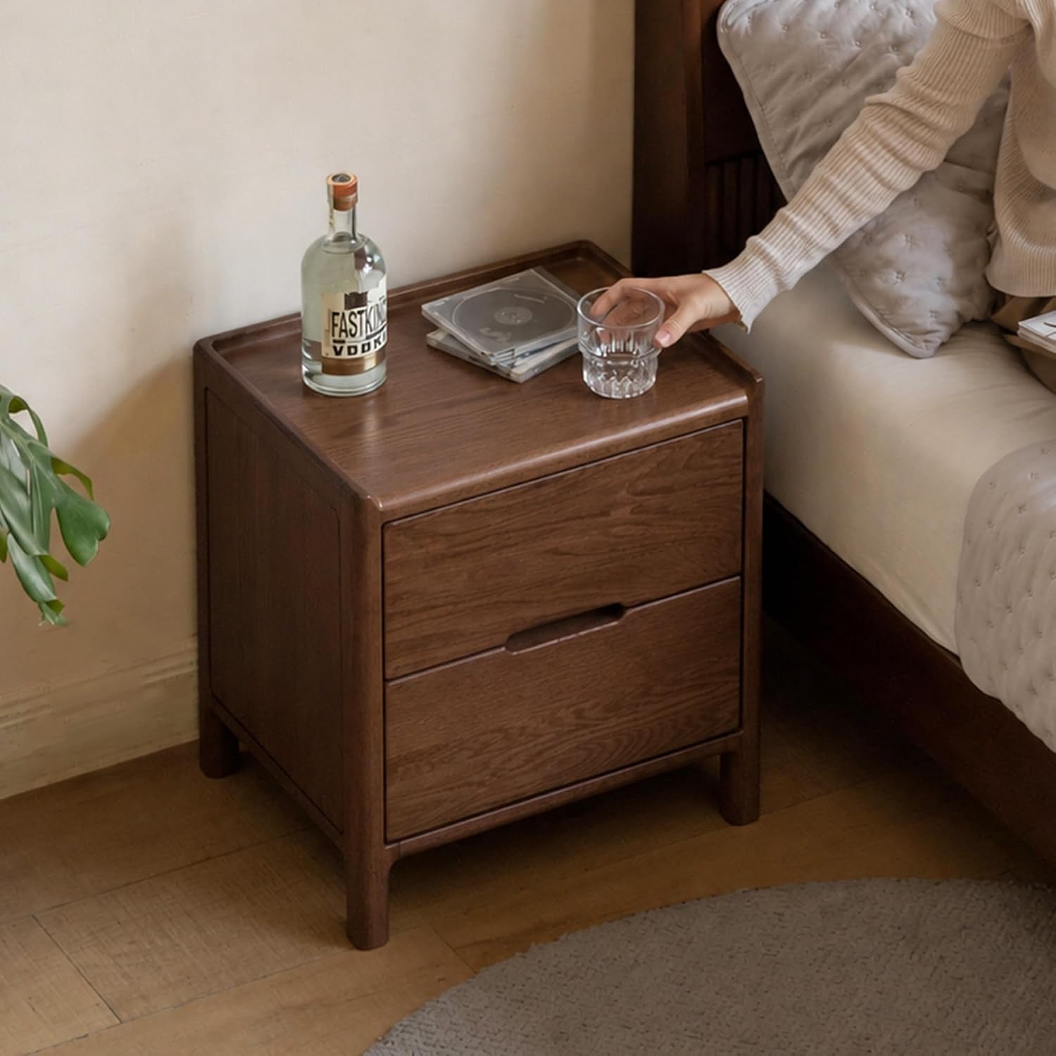 Oak Solid Wood 2-Drawer Nightstand with Recessed Handles