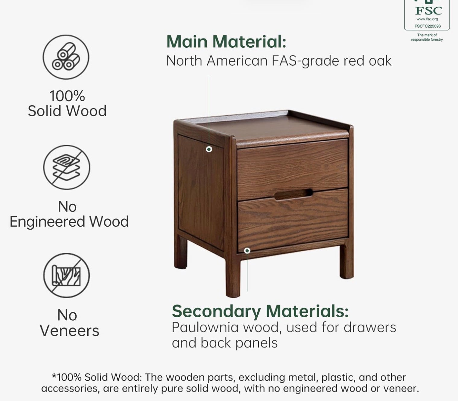 Oak Solid Wood 2-Drawer Nightstand with Recessed Handles