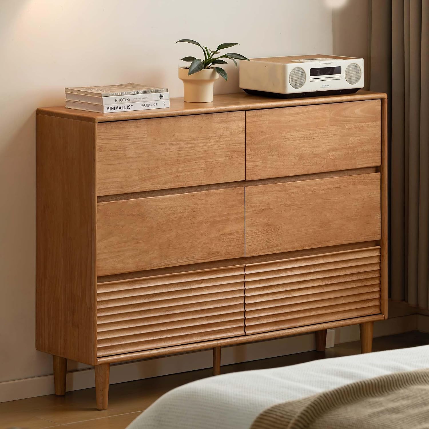 Rubberwood Solid Wood Tall Narrow Dresser with Fluted Drawer