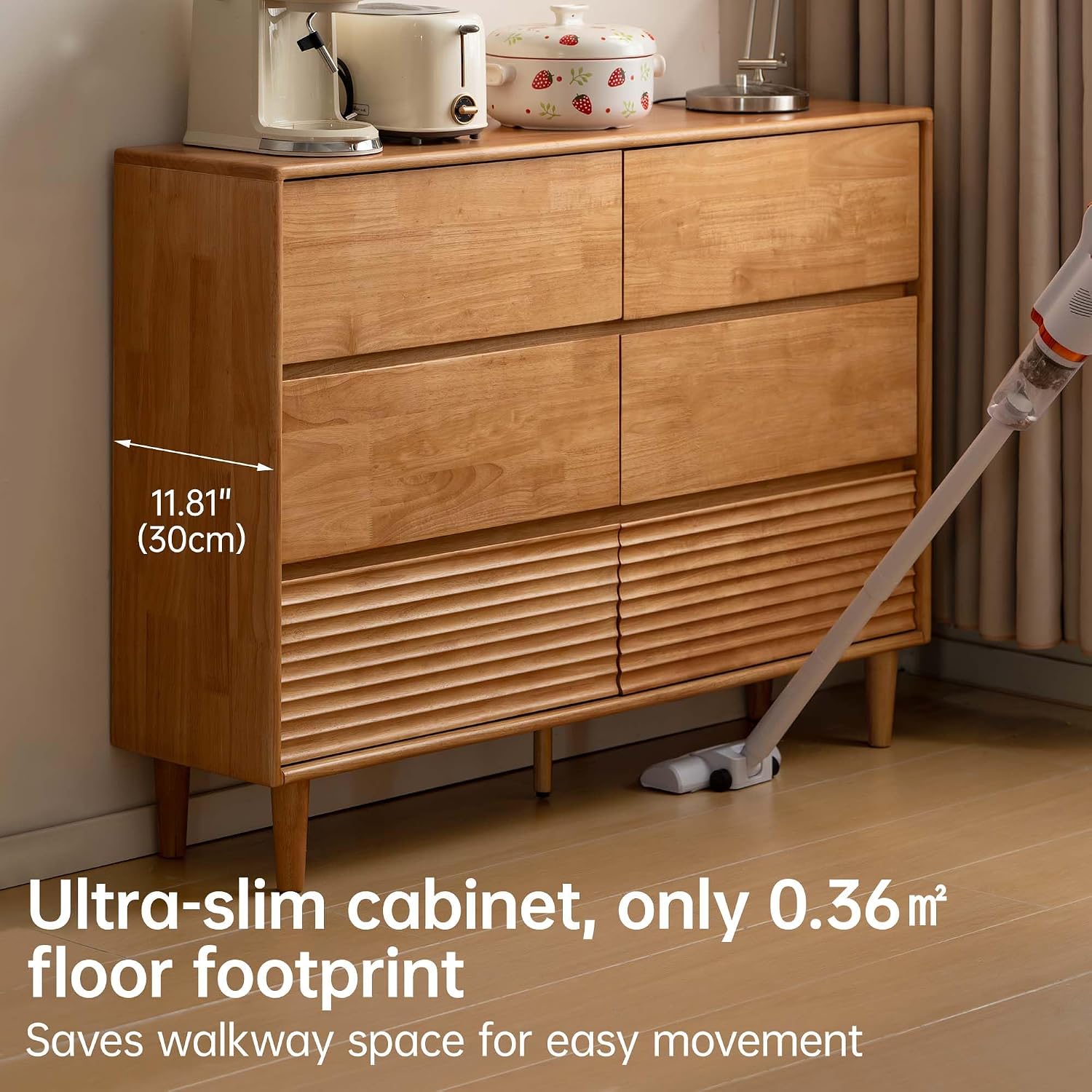 Rubberwood Solid Wood Tall Narrow Dresser with Fluted Drawer