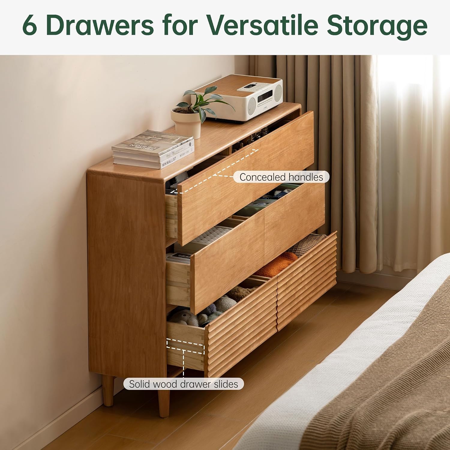 Rubberwood Solid Wood Tall Narrow Dresser with Fluted Drawer
