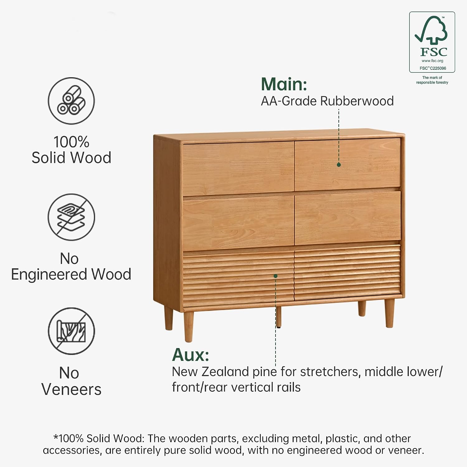 Rubberwood Solid Wood Tall Narrow Dresser with Fluted Drawer