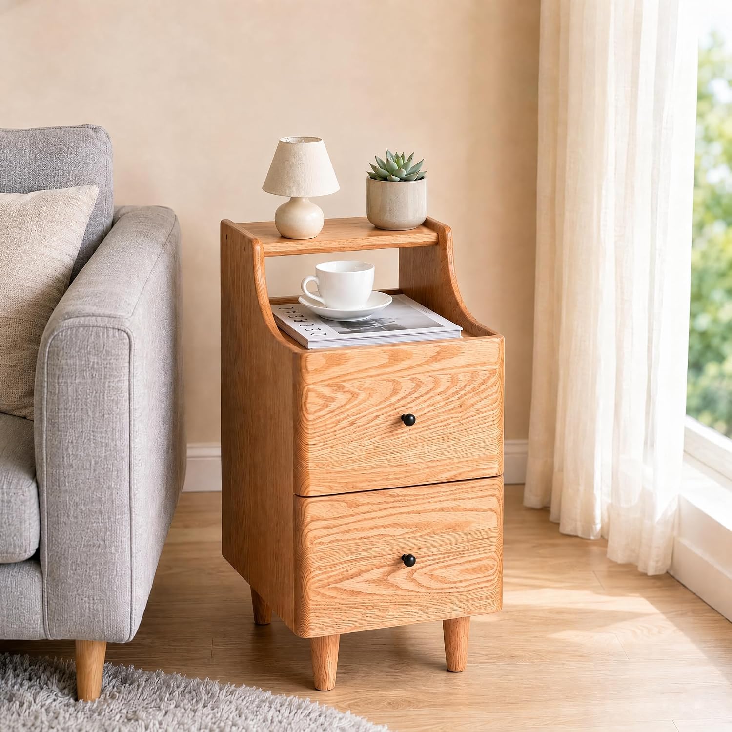 Oak, Ash Solid Wood Narrow Nightstand with Curved Top Edge