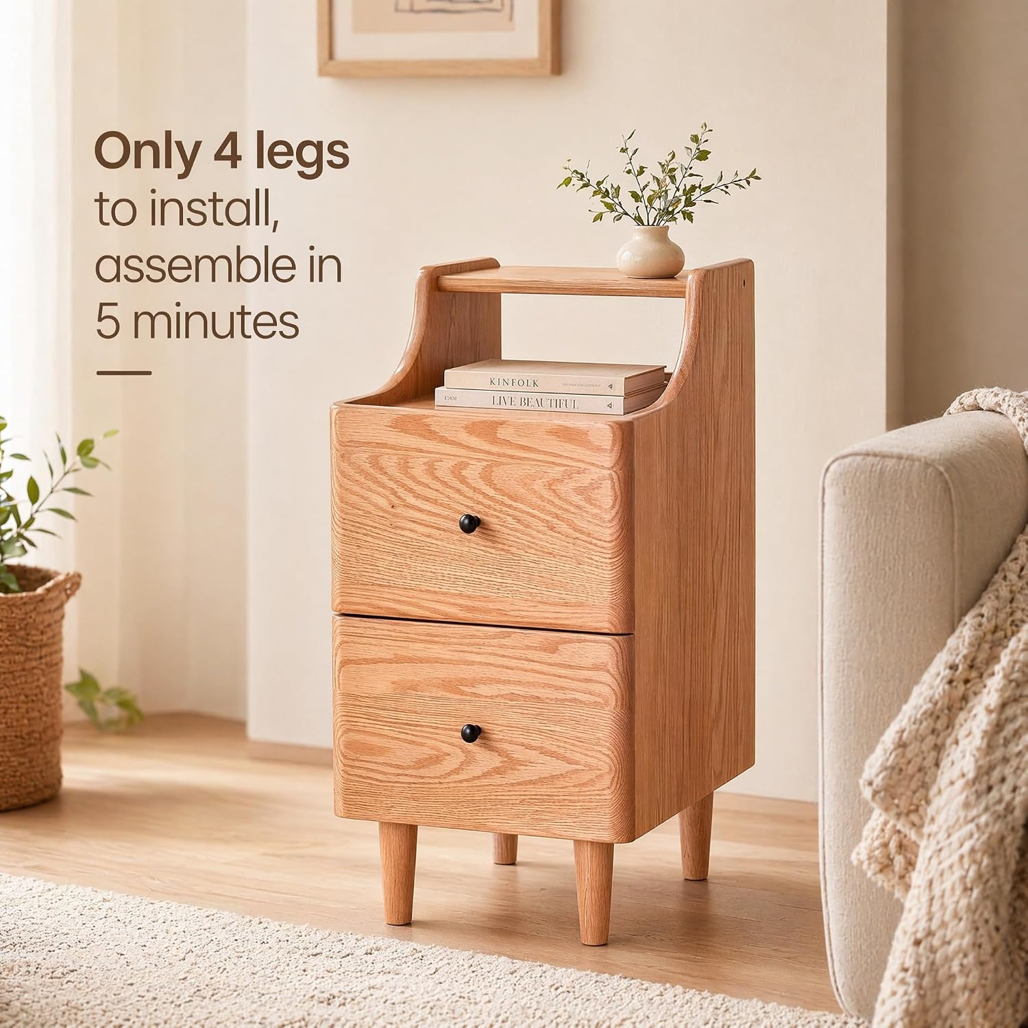 Oak, Ash Solid Wood Narrow Nightstand with Curved Top Edge