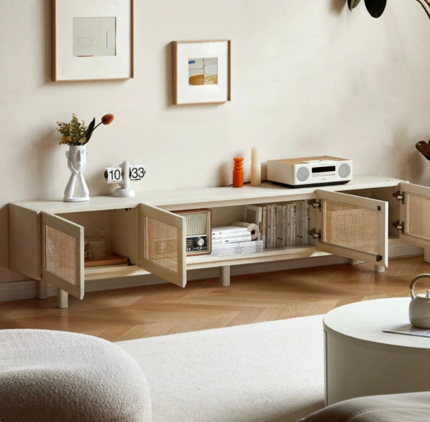 Ash Solid Wood Rattan TV Cabinet Cream Style LED Lights.