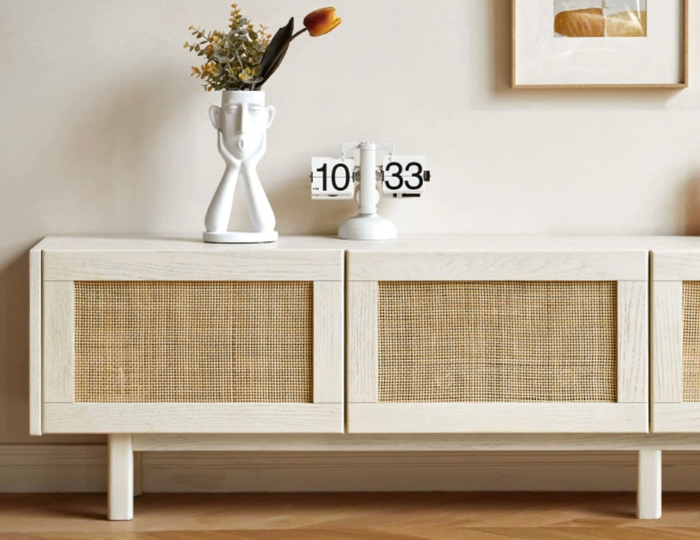 Ash Solid Wood Rattan TV Cabinet Cream Style LED Lights.