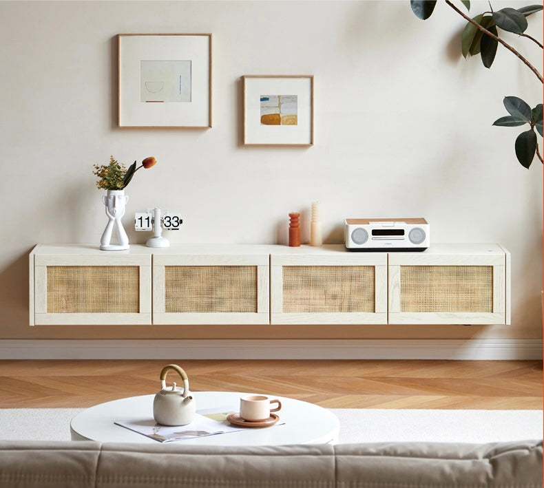 Ash Solid Wood Rattan TV Cabinet Cream Style LED Lights.