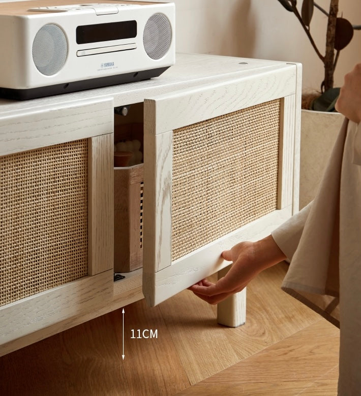 Ash Solid Wood Rattan TV Cabinet Cream Style LED Lights.