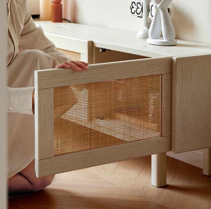 Ash Solid Wood Rattan TV Cabinet Cream Style LED Lights.