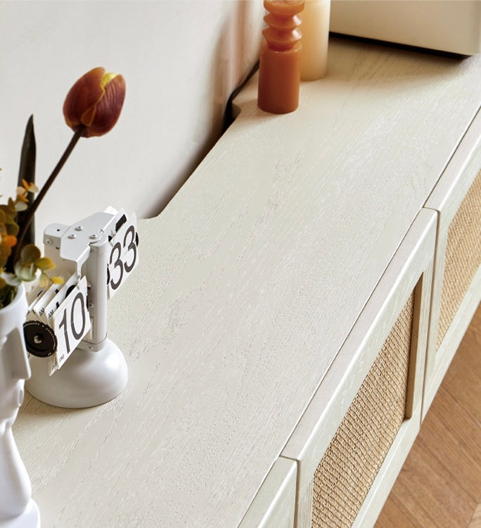 Ash Solid Wood Rattan TV Cabinet Cream Style LED Lights.