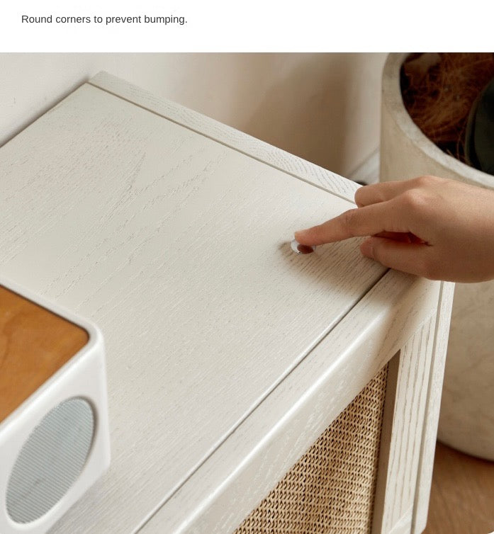 Ash Solid Wood Rattan TV Cabinet Cream Style LED Lights.