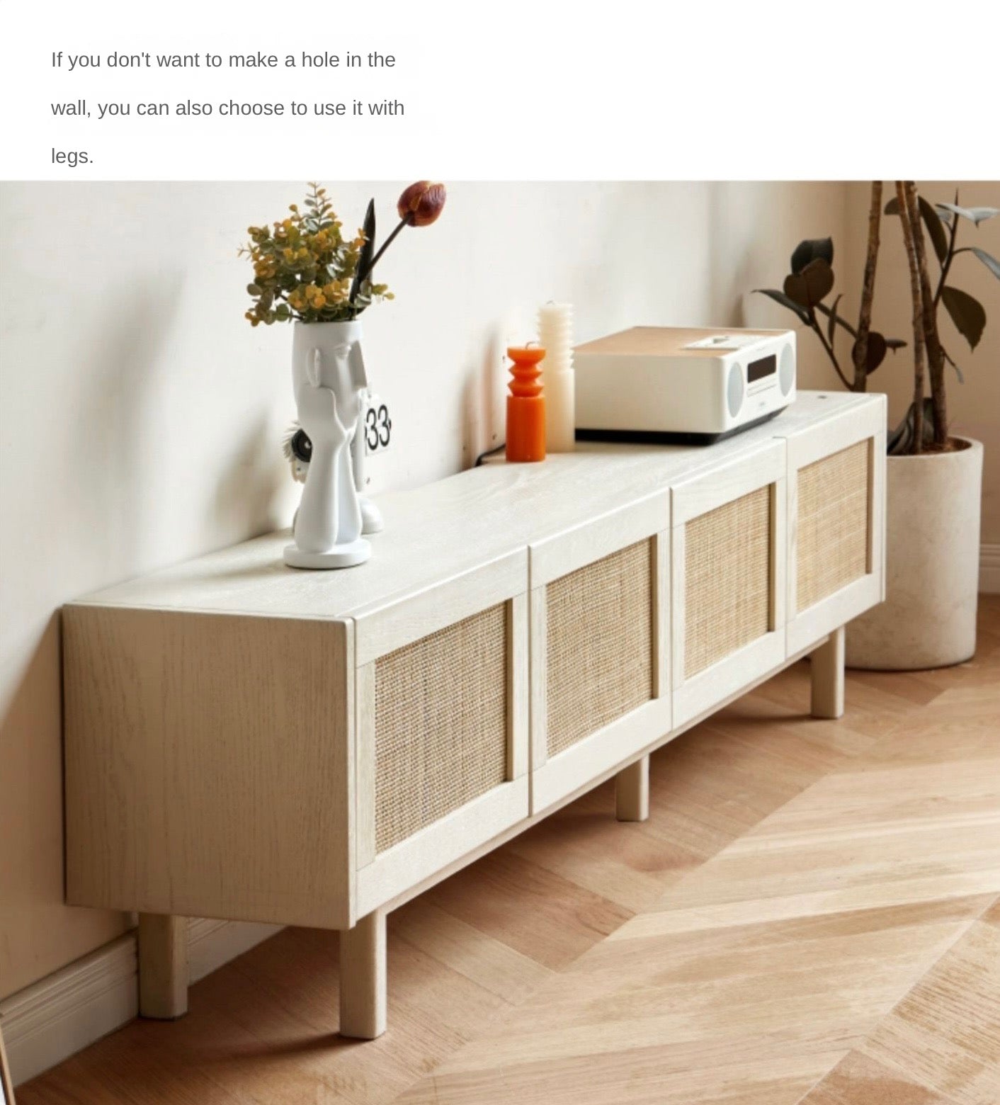 Ash Solid Wood Rattan TV Cabinet Cream Style LED Lights.