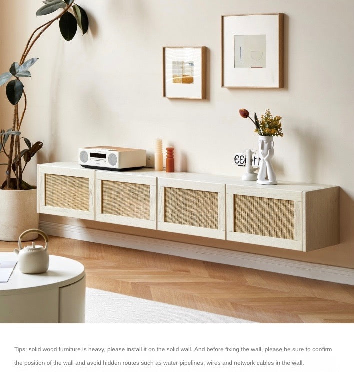 Ash Solid Wood Rattan TV Cabinet Cream Style LED Lights.