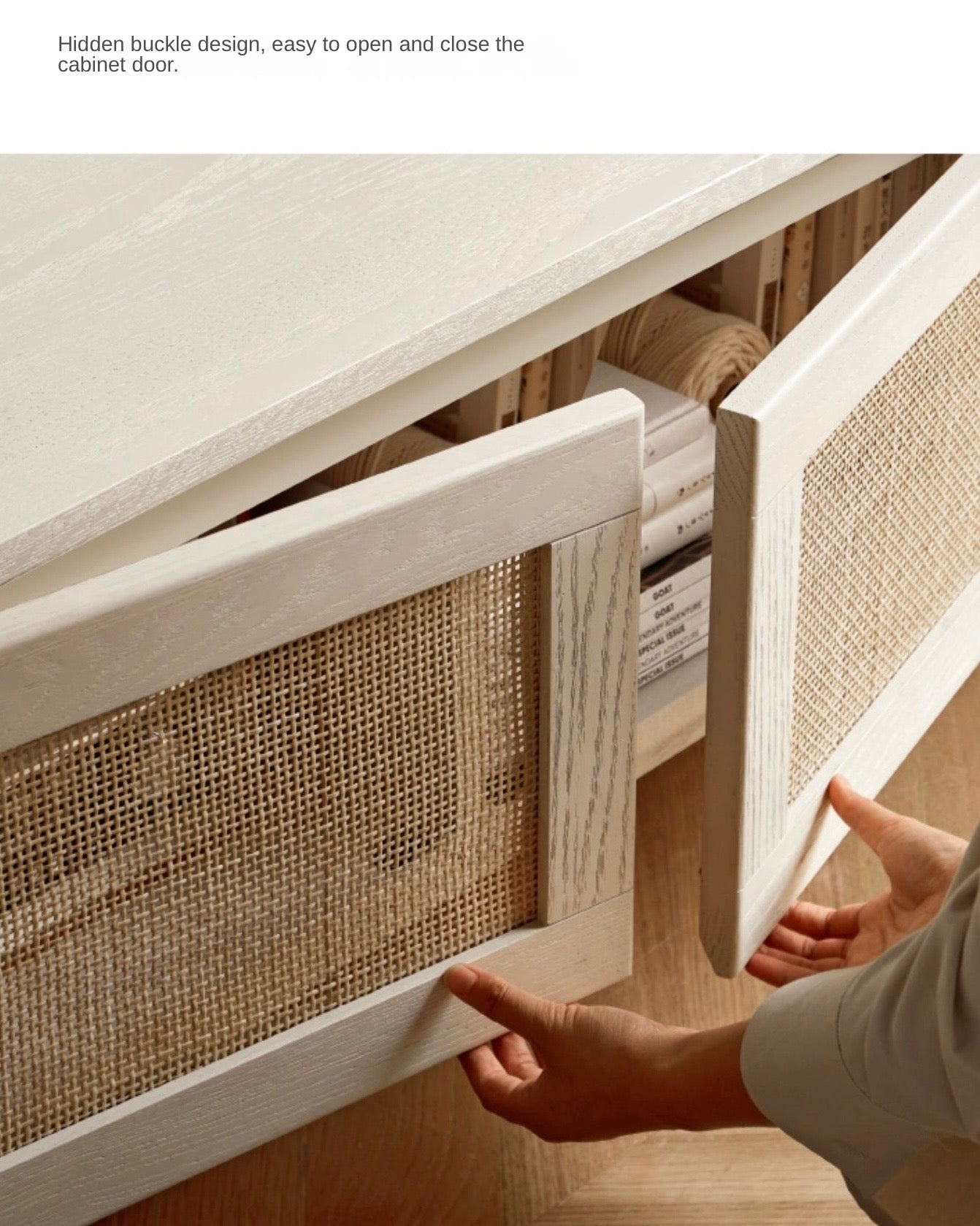 Ash Solid Wood Rattan TV Cabinet Cream Style LED Lights.