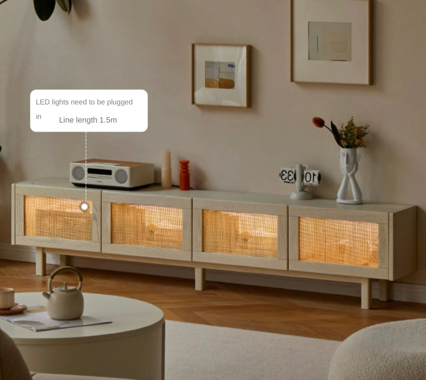 Ash Solid Wood Rattan TV Cabinet Cream Style LED Lights.