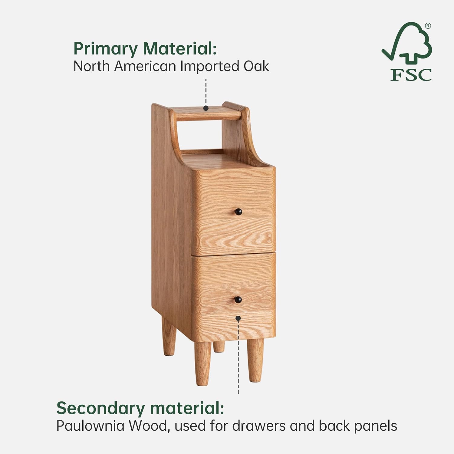 Oak, Ash Solid Wood Narrow Nightstand with Curved Top Edge