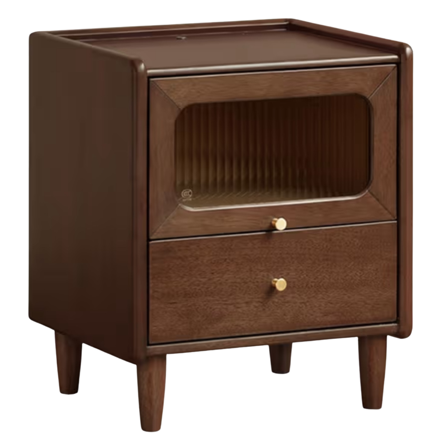 Black Walnut Solid Wood Fluted Glass Door Nightstand with Drawer