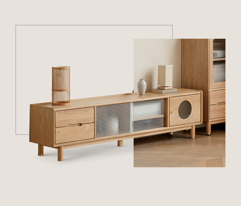 Ash, Oak Solid Wood Sliding Door TV Stand.