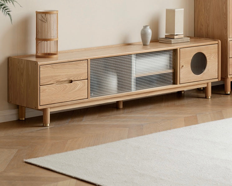 Ash, Oak Solid Wood Sliding Door TV Stand.