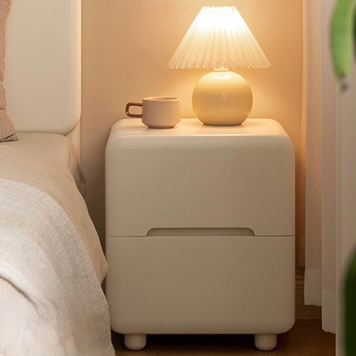 Tulipwood Solid Wood, Solid RubberWood Warm White Two-Drawer Nightstand.