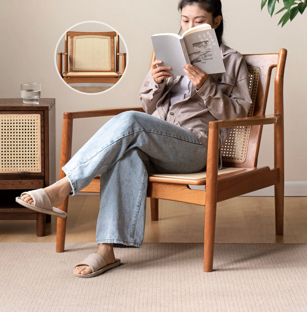 Cherry Solid Wood, Rattan Retro Armchair)