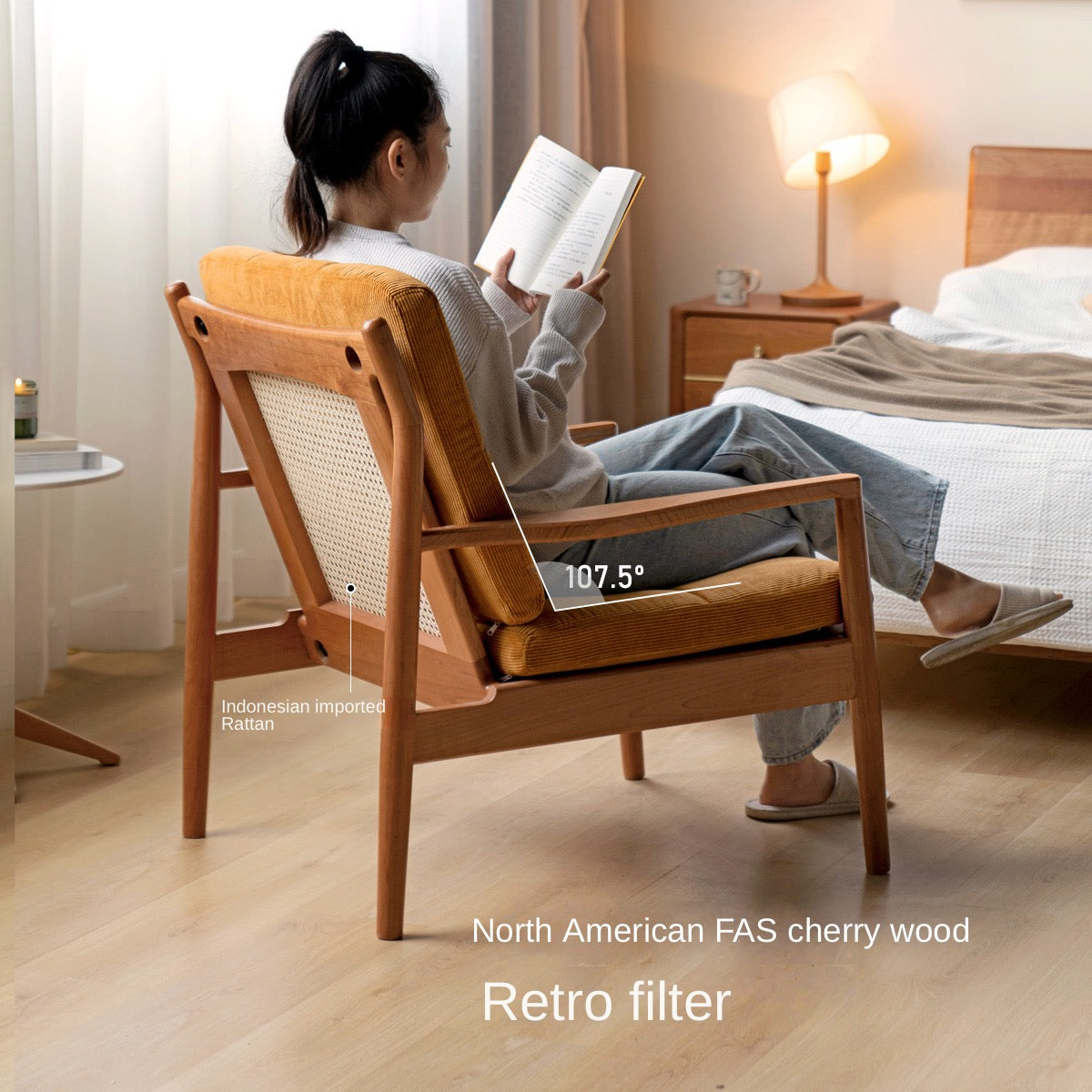 Cherry Solid Wood, Rattan Retro Armchair)