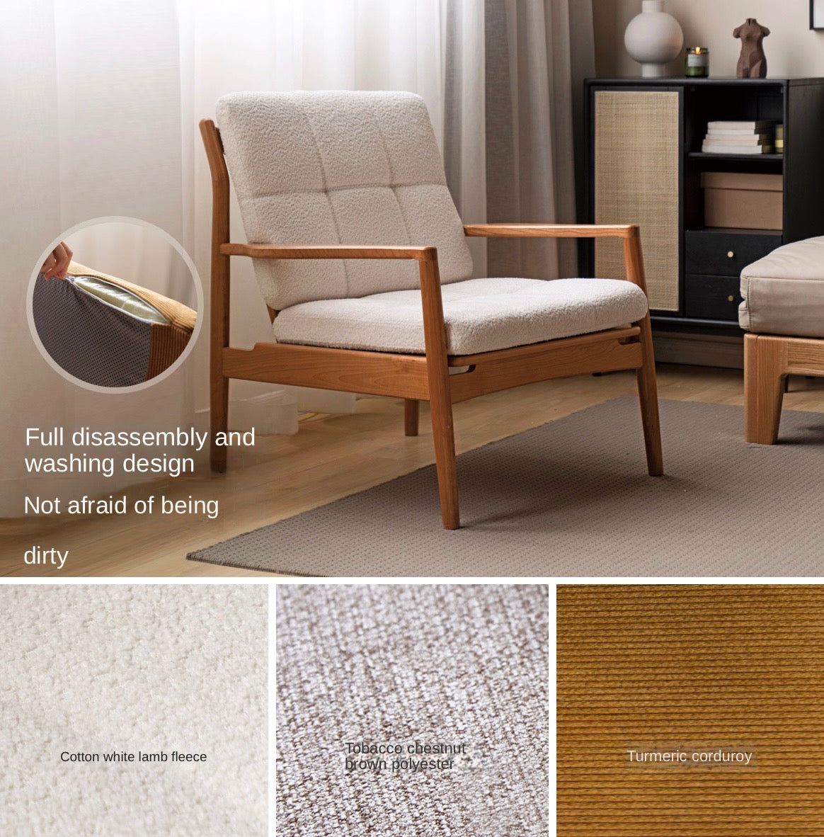 Cherry Solid Wood, Rattan Retro Armchair)