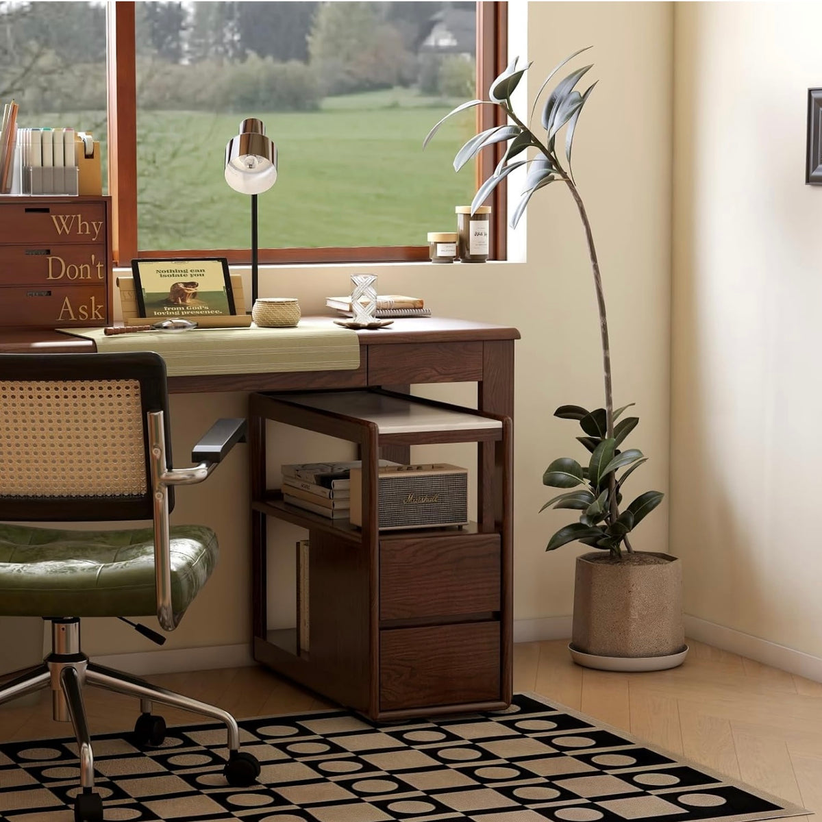 Black walnut, Oak Solid Wood Rock Plate Side Table with Storage Drawers