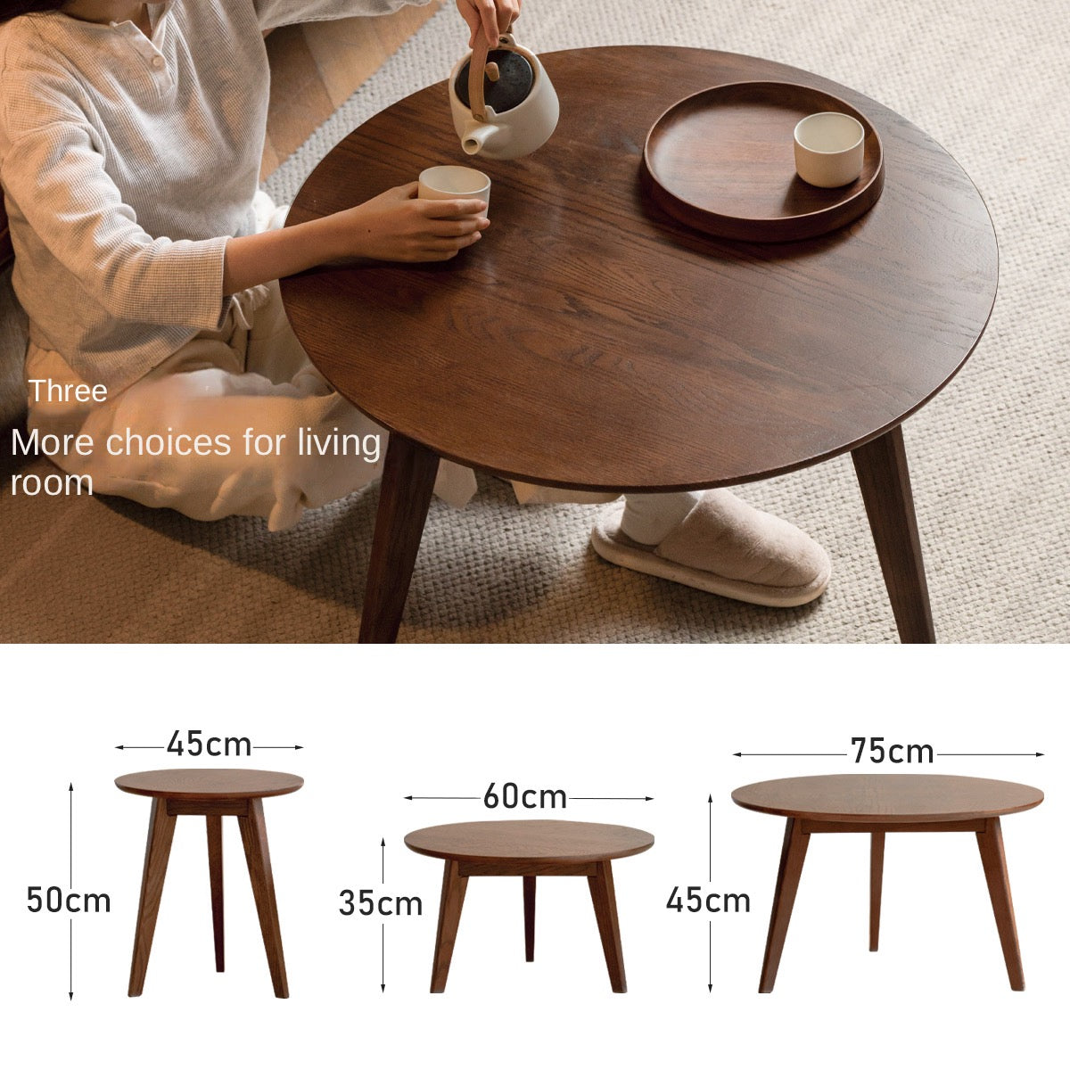 Oak, Solid Rubberwood Round Coffee Table, Walnut color