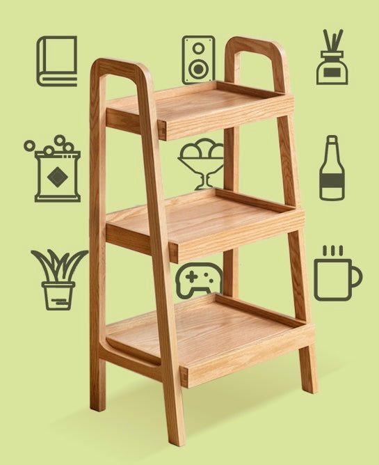 Oak Solid Wood Trapezoidal Three-Tier Bookshelf, Side Table