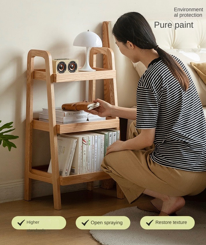 Oak Solid Wood Trapezoidal Three-Tier Bookshelf, Side Table