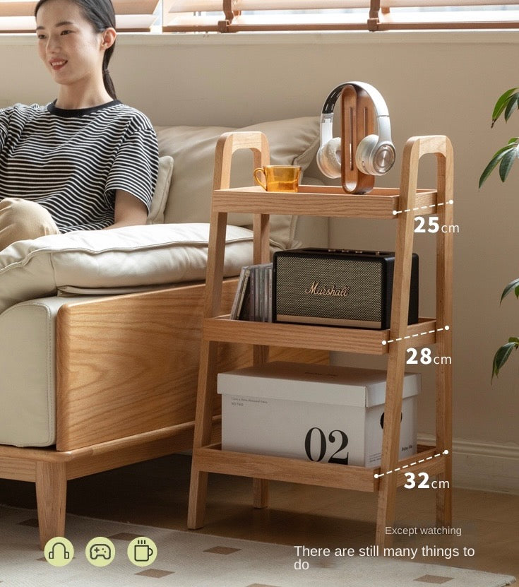 Oak Solid Wood Trapezoidal Three-Tier Bookshelf, Side Table