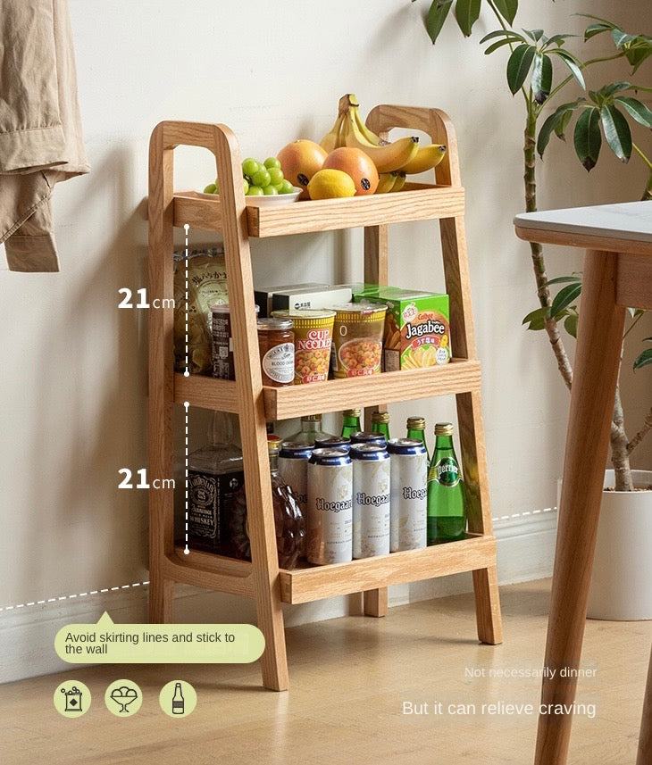 Oak Solid Wood Trapezoidal Three-Tier Bookshelf, Side Table