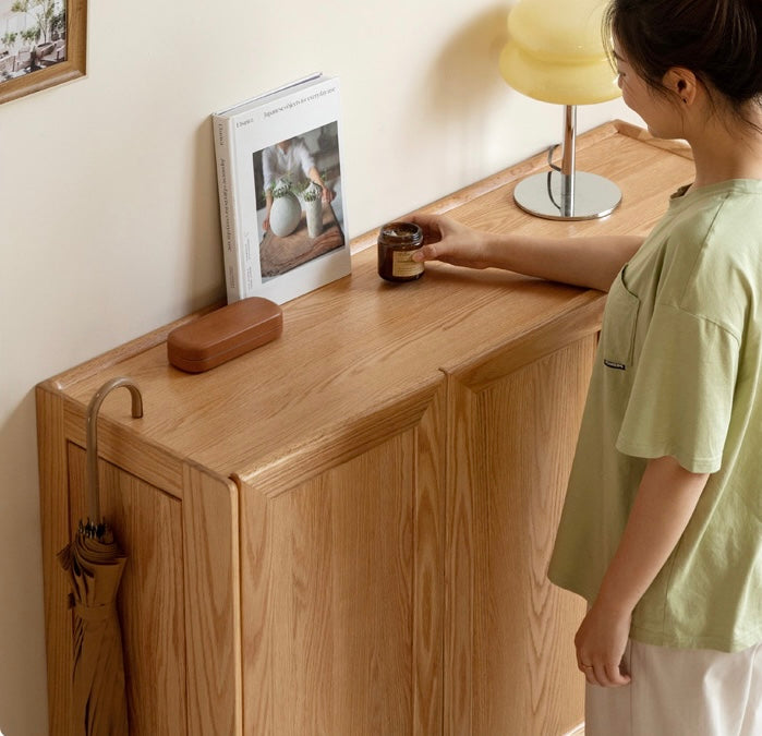 Oak Solid Wood, Solid Rubberwood Shoe Cabinet, Shoe Changing