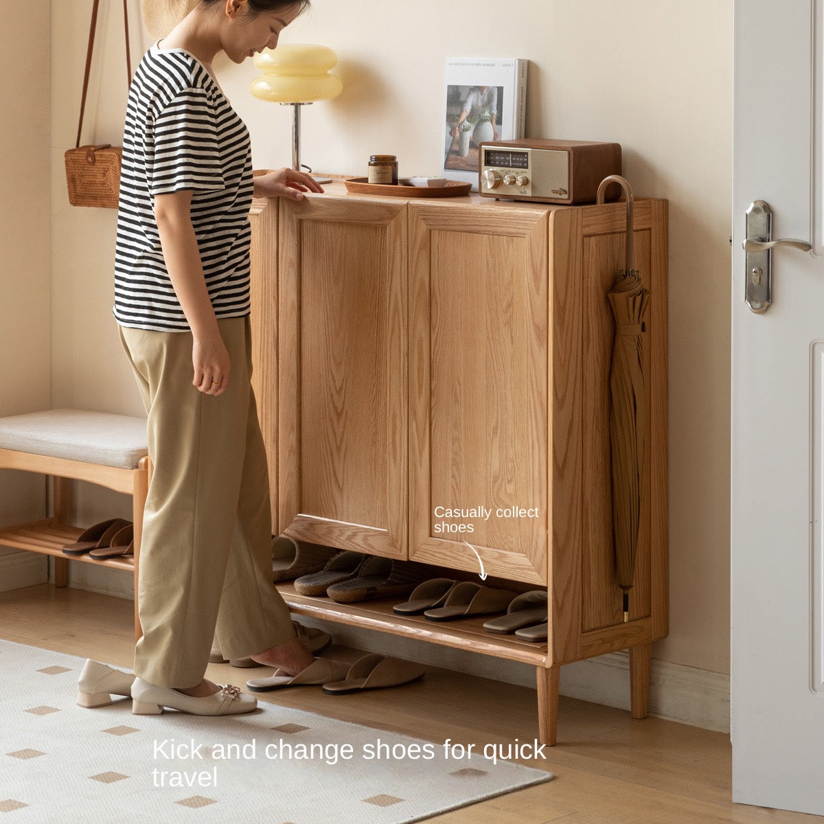 Oak Solid Wood, Solid Rubberwood Shoe Cabinet, Shoe Changing