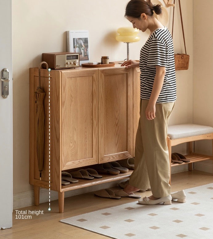 Oak Solid Wood, Solid Rubberwood Shoe Cabinet, Shoe Changing
