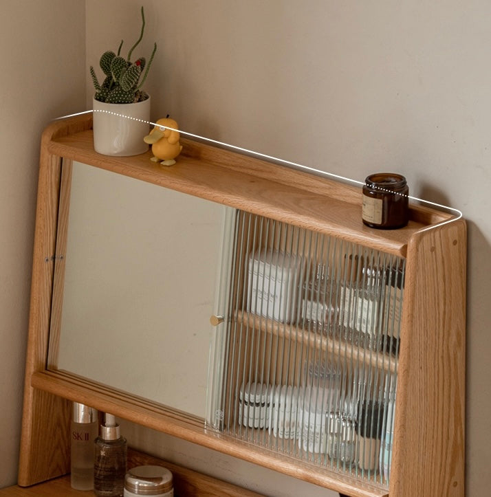Solid Rubberwood, Oak Solid Wood Dressing Table Hidden Makeup Mirror.