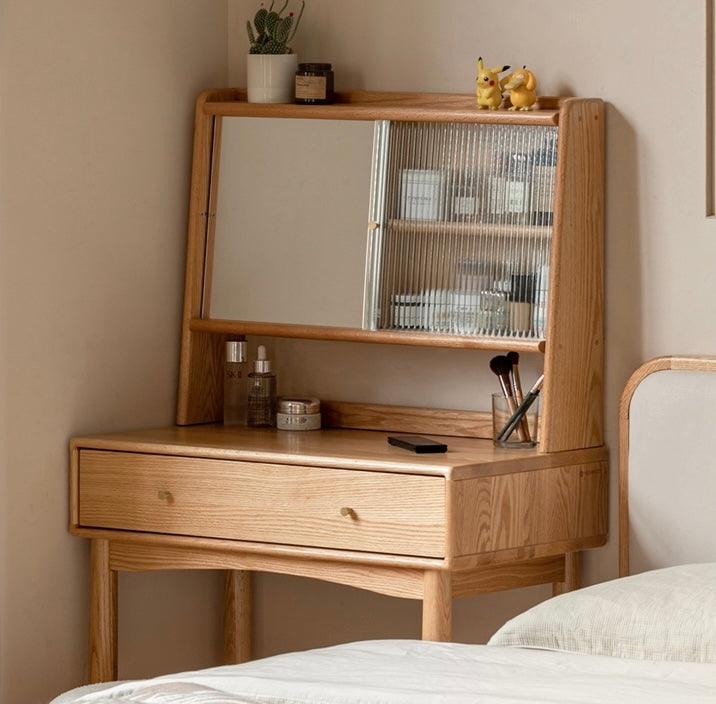 Solid Rubberwood, Oak Solid Wood Dressing Table Hidden Makeup Mirror.