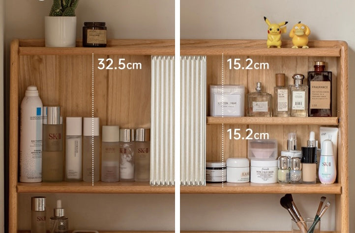 Oak Solid Wood, Solid Rubberwood Vanity Table Hidden Makeup Mirror.