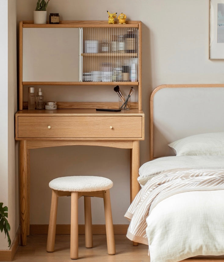 Oak Solid Wood, Solid Rubberwood Vanity Table Hidden Makeup Mirror.