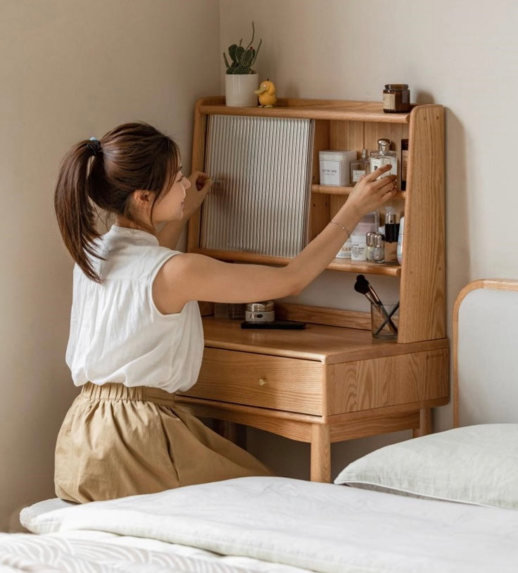 Solid Rubberwood, Oak Solid Wood Dressing Table Hidden Makeup Mirror.