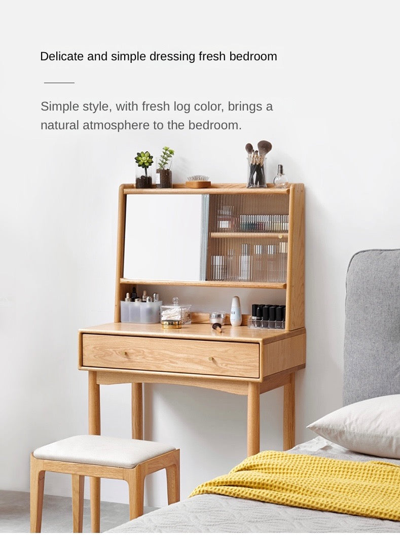 Oak Solid Wood, Solid Rubberwood Vanity Table Hidden Makeup Mirror.